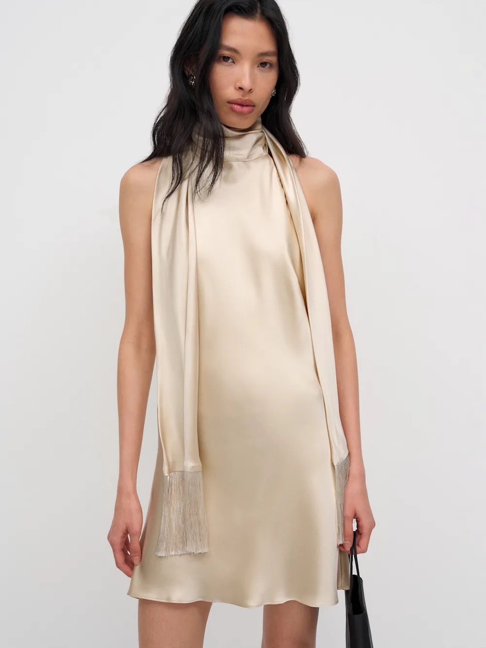 NWT Refromation Helen Silk Fringe Tassel Halter Mini Dress Almond Cream Tan